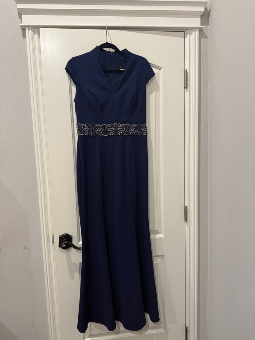 Alex Evenings Navy V-Neck Evening Gown with Beaded Waist
